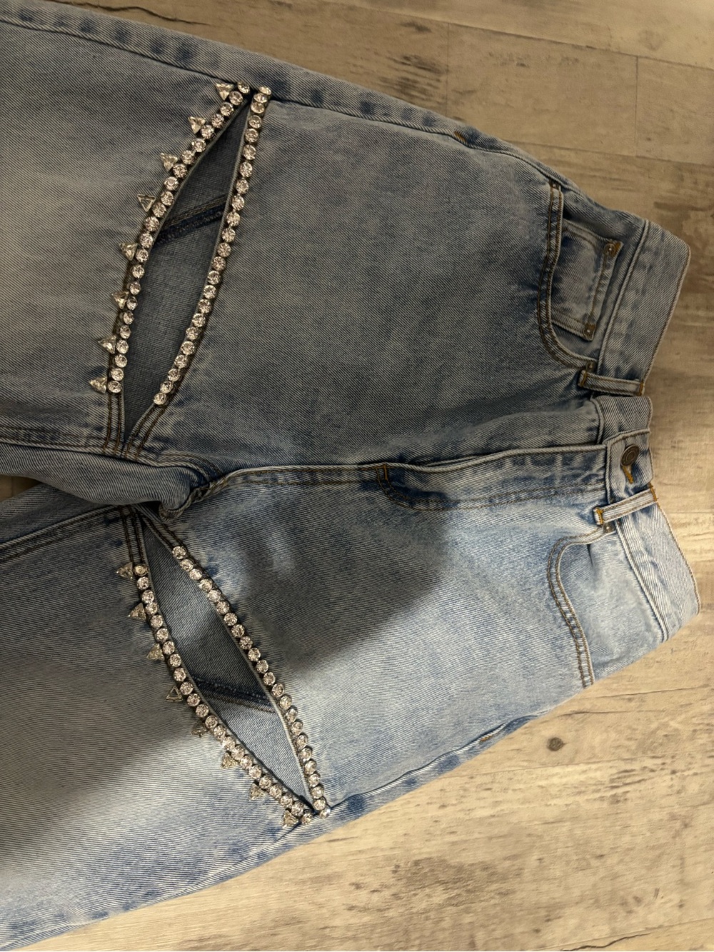 AREA Light Wash High‑Rise Jeans with Embellished Cutouts - Picture 2 of 5